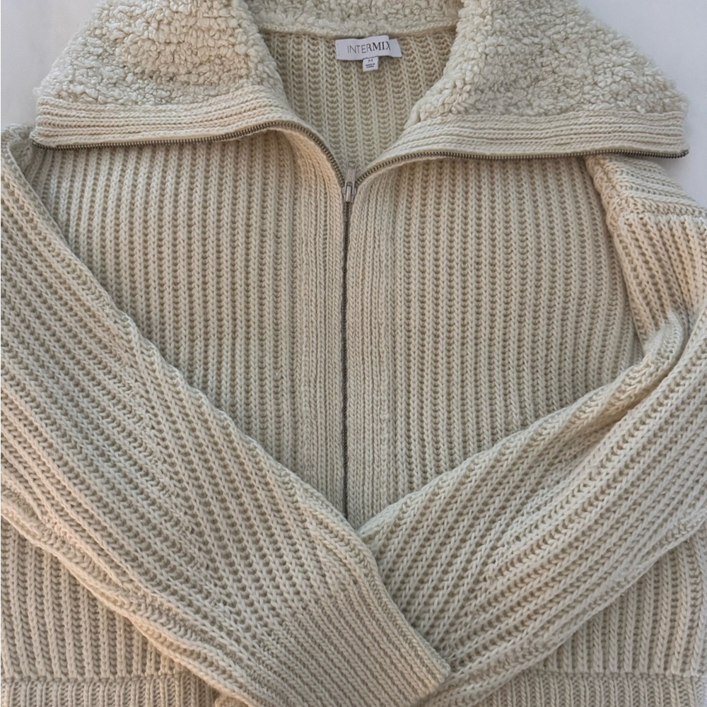 INTERMIX Cream Sherpa-Trim Knit Zip Cardigan